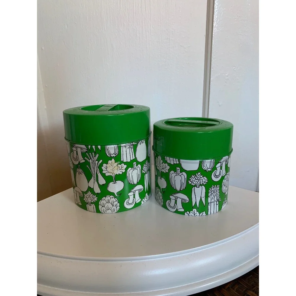 Vintage MOC Japan Green Vegetable Tin Canister Set of 2 Retro Kitchen Storage